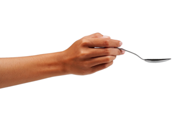 Female hand holding silver spoon isolated transparent