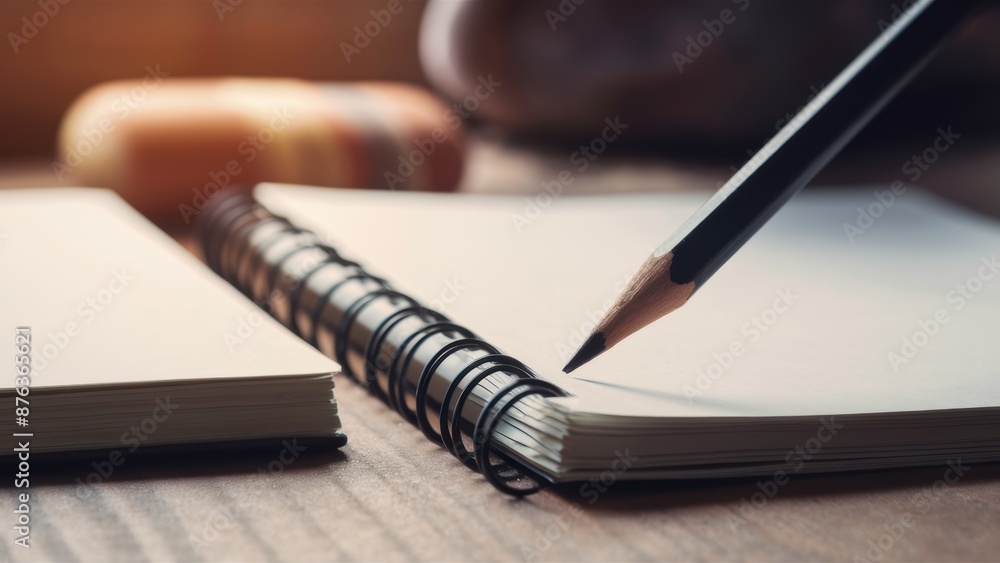 Wall mural A pencil is being held in the middle of a notebook, AI