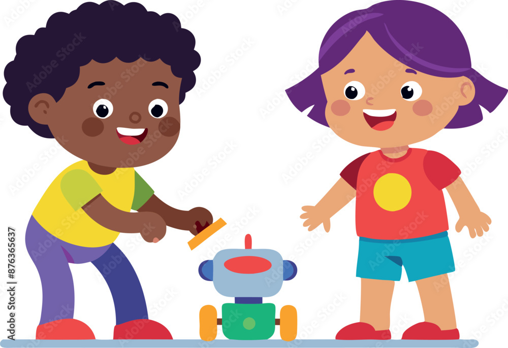 Poster two children playing with a robot, enjoying a stem activity. the image captures the excitement and l