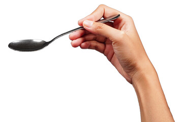 Female hand holding silver spoon isolated transparent