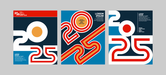 2025 Colorful set of Happy New Year posters. Abstract design with typography style. Vector logo 2025 for celebration and season decoration, backgrounds for branding, banner, cover, poster and more.