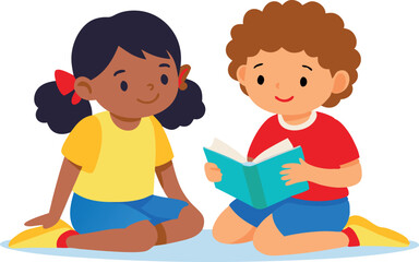 Two children happily reading together, fostering a love for books and friendship.