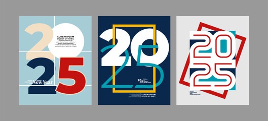 2025 Colorful set of Happy New Year posters. Abstract design with typography style. Vector logo 2025 for celebration and season decoration, backgrounds for branding, banner, cover, poster and more.