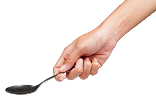 Female hand holding silver spoon isolated transparent