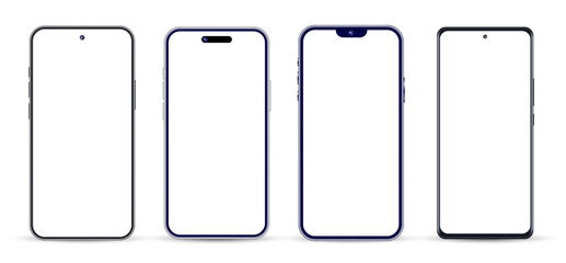 Realistic front view smartphone mockup. 3D Mobile phone mockup for ui ux presentation. Mobile phone frame blank display with isolated on white background. Different angle smartphone presentation