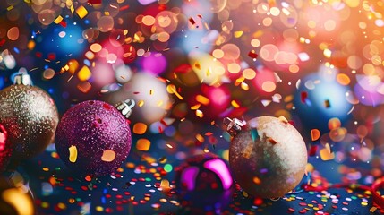 Confetti-Filled Happy New Year 2024 Celebration, Featuring Festive Christmas Balls And A Vibrant Background Icon