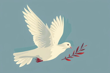 Obraz premium Dove of peace. flat design vector illustration: white dove with olive branch on soft blue sky background.