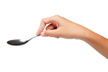 Female hand holding silver spoon isolated transparent