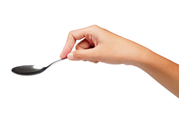 Female hand holding silver spoon isolated transparent