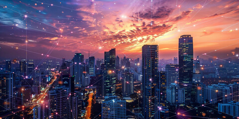 Fototapeta premium Aerial view of a vibrant city at sunset. Golden light bathes the skyscrapers, casting long shadows. Perfect for urban landscape, travel destination, and real estate marketing imagery