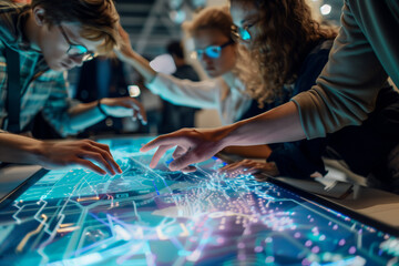 Business team working on a futuristic office data center. Business Meeting. Data Visualization