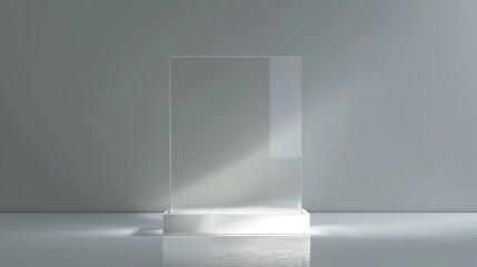 Fototapeta premium A clear glass box is sitting on a white surface. Product presentation background