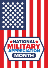 National Military Appreciation Month in May. Annual Armed Forces Celebration Month in United States. Patriotic american elements. Poster, card, banner and background. Vector illustration