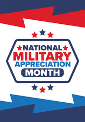 National Military Appreciation Month in May. Annual Armed Forces Celebration Month in United States. Patriotic american elements. Poster, card, banner and background. Vector illustration