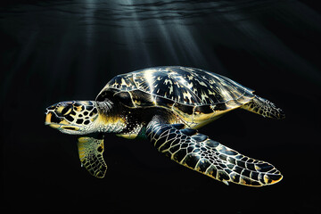 Fototapeta premium A sea turtle gracefully swimming underwater with sun rays penetrating the dark ocean.