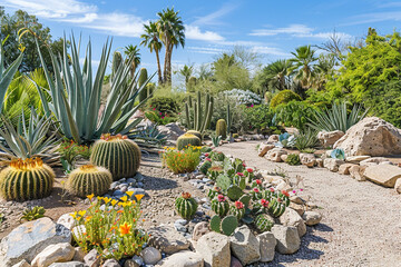 A vibrant desert garden with various types of cacti and succulents under a bright blue sky. - Powered by Adobe