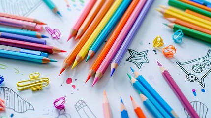 A close-up of colorful pencils and pens arranged neatly on a white background, with hand-drawn illustrations scattered around