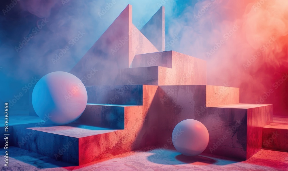 Poster direct view of a geometric composition with alternating layers of cubes, spheres and pyramids