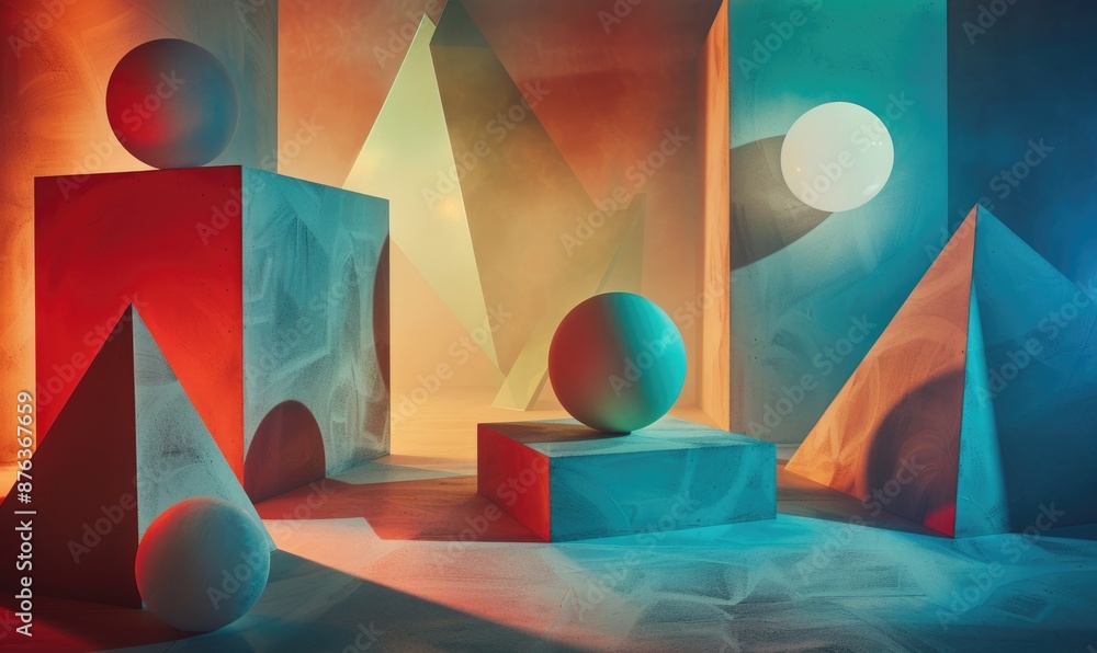 Poster direct view of a geometric composition with alternating layers of cubes, spheres and pyramids