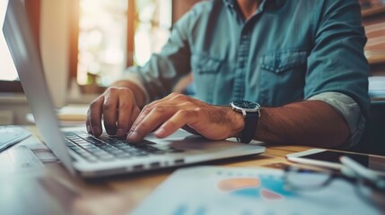 A man is typing on a laptop computer. He is wearing a watch and glasses. The laptop is open and the man is focused on his work
