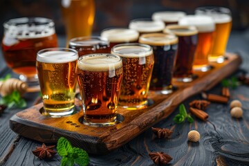 Fototapeta premium A selection of different beers served in small glasses on a wooden flight board, perfect for an Oktoberfest tasting experience. Oktoberfest selebration 