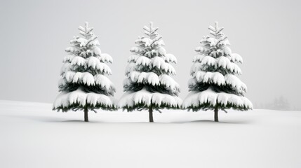 Obraz premium Tall evergreen trees coated in thick snow, standing proudly in a wide, open snowy terrain, reflecting the serene silence of winter, focus cover all object, deep dept of field