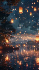 Fototapeta premium A serene night sky illuminated by floating lanterns and fireworks, creating a magical Diwali atmosphere. Diwali celebration 