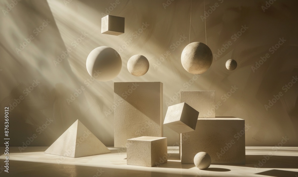 Poster direct view of a geometric composition with spheres, cubes, and pyramids, arranged in a symmetrical 