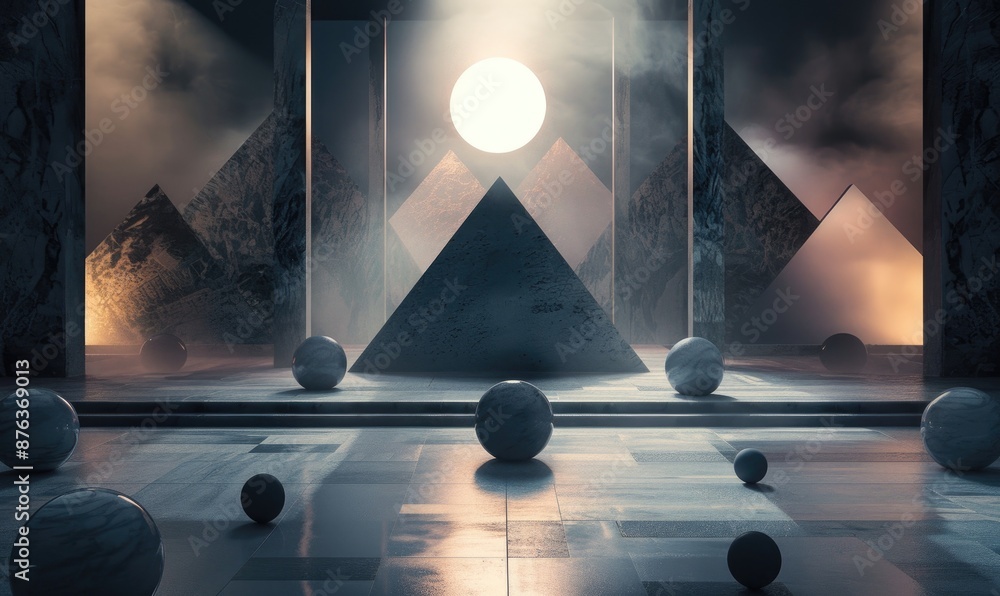 Poster direct view of a geometric composition with spheres, cubes, and pyramids, arranged in a symmetrical 