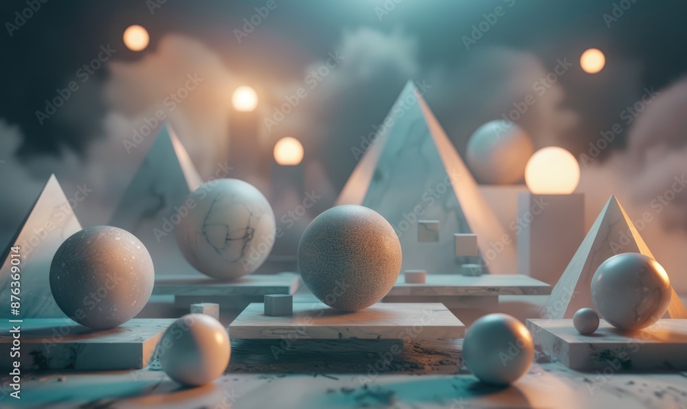 Poster direct view of a geometric composition with spheres, cubes, and pyramids, arranged in a symmetrical 