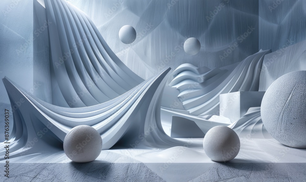 Poster direct view of a geometric composition with spheres, cubes, and pyramids, arranged in a symmetrical 