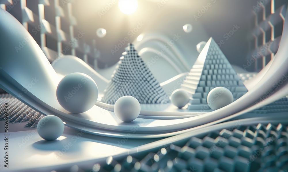 Poster direct view of a geometric composition with spheres, cubes, and pyramids, arranged in a symmetrical 