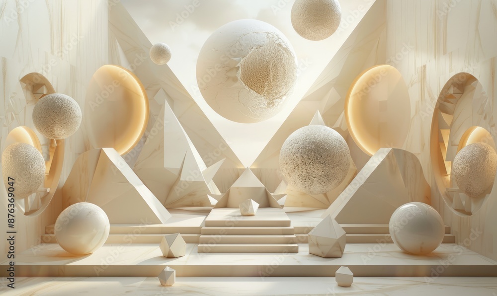 Poster direct view of a geometric composition with spheres, cubes, and pyramids, arranged in a symmetrical 