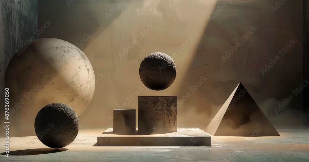 Poster direct view of a geometric composition with spheres, cubes, and pyramids, arranged in a symmetrical 