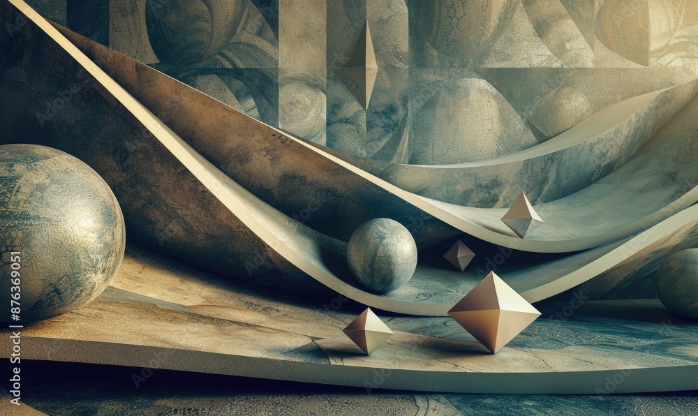 Poster direct view of a geometric composition with spheres, cubes, and pyramids, arranged in a symmetrical 