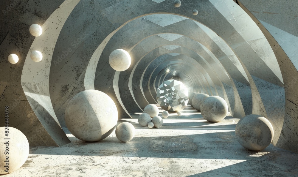 Poster direct view of a geometric composition with spheres, cubes, and pyramids, arranged in a symmetrical 