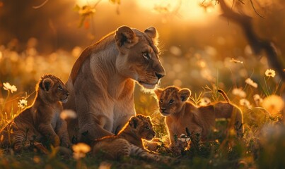 Lioness with her cubs, playing in the grass