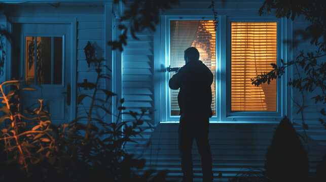 Burglar breaking into a house at night, using a crowbar to force open a window, creating a dangerous and fearful atmosphere with orange and blue hues - Powered by Adobe