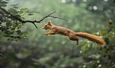 Fototapeta premium Squirrel jumping from branch to branch