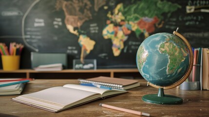 Back-to-School Bliss: Vibrant Earth Globe, Notebooks, and Stationery on Wooden Desk with Chalkboard Background
