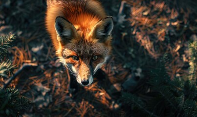 Fototapeta premium Top view of a fox prowling through the forest
