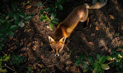 Obraz premium Top view of a fox prowling through the forest