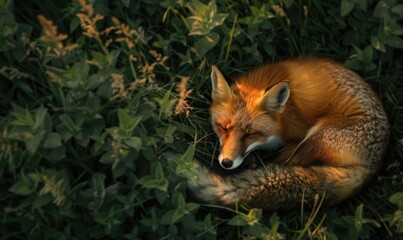 Naklejka premium Top view of a fox prowling through the forest