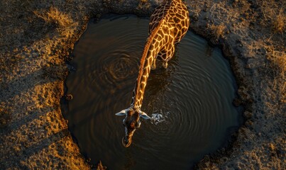 Top view of a giraffe standing near a watering hole