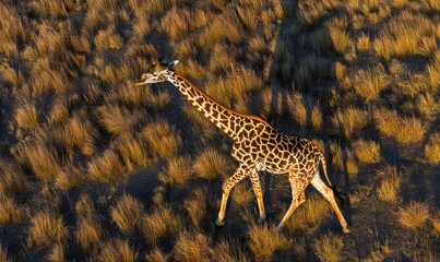 Obraz premium Top view of a giraffe walking through the savannah