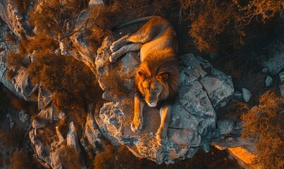 Top view of a lion resting on a rocky cliff