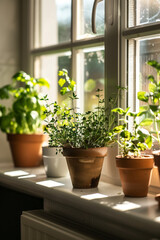 Growing own herbs on a windowsill in a kitchen. Cultivation of fresh produce in flower pots of different shapes and colors.