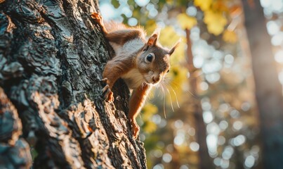 Fototapeta premium Top view of a squirrel climbing up a tree trunk