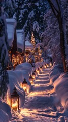 A snow-covered pathway lined with glowing lanterns and festive decorations, leading to a warmly lit house 