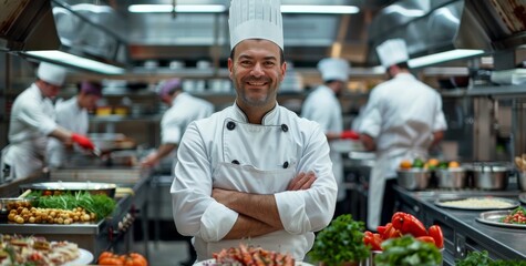 Obraz premium Smiling chef standing confidently in a busy professional kitchen with team working in the background